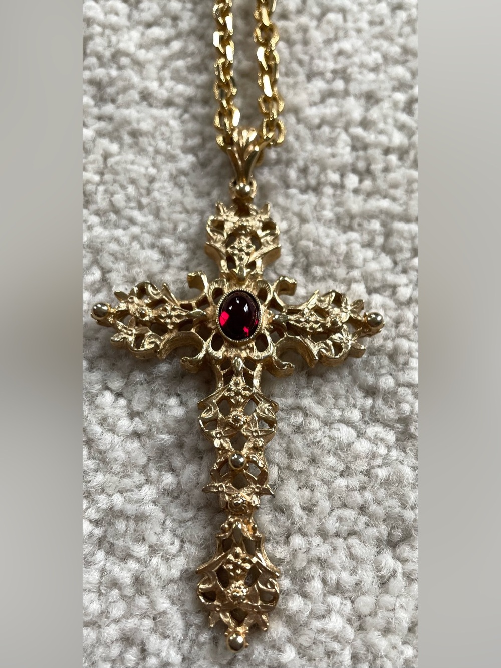 Vintage Avon Abby Cross Pendant Necklace with Red Stone